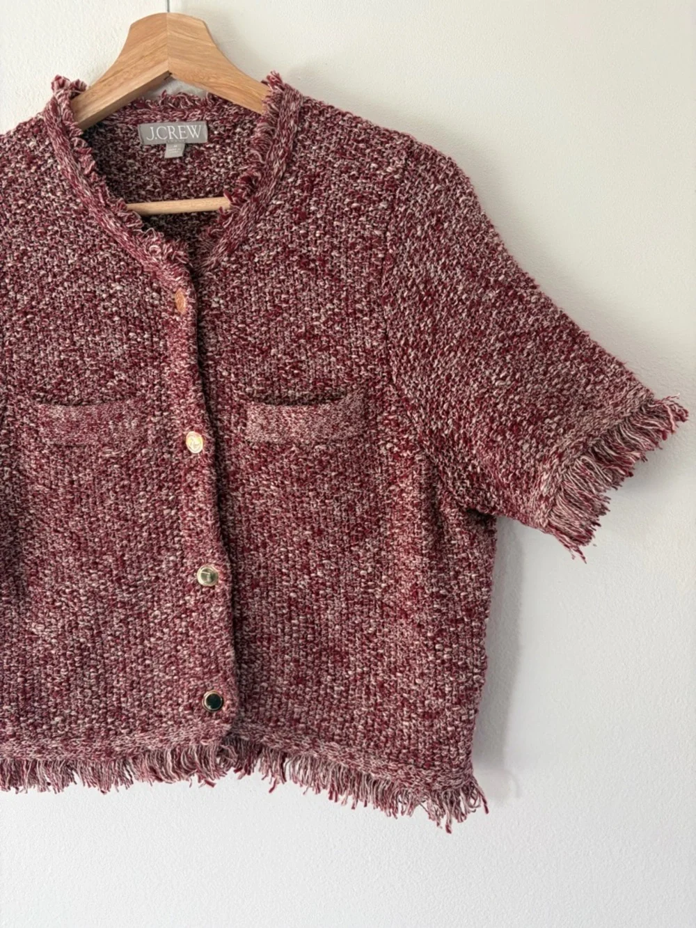 J. Crew Cropped Fringe‎ Trim Short Sleeve Knit Lady Jacket In Marled Yarn Medium